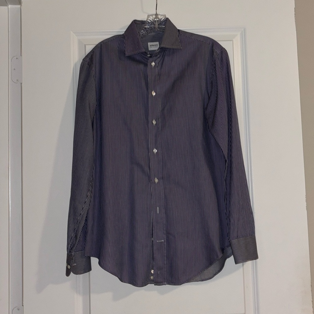 Armani Collezioni Men’s Slim Fit Blue & White Striped Button-Down Shirt